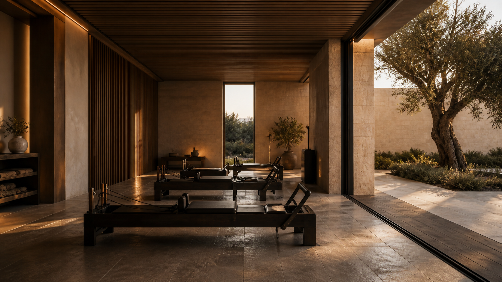 Espacio hospitality wellness abierto a un patio con olivo y luz mediterránea