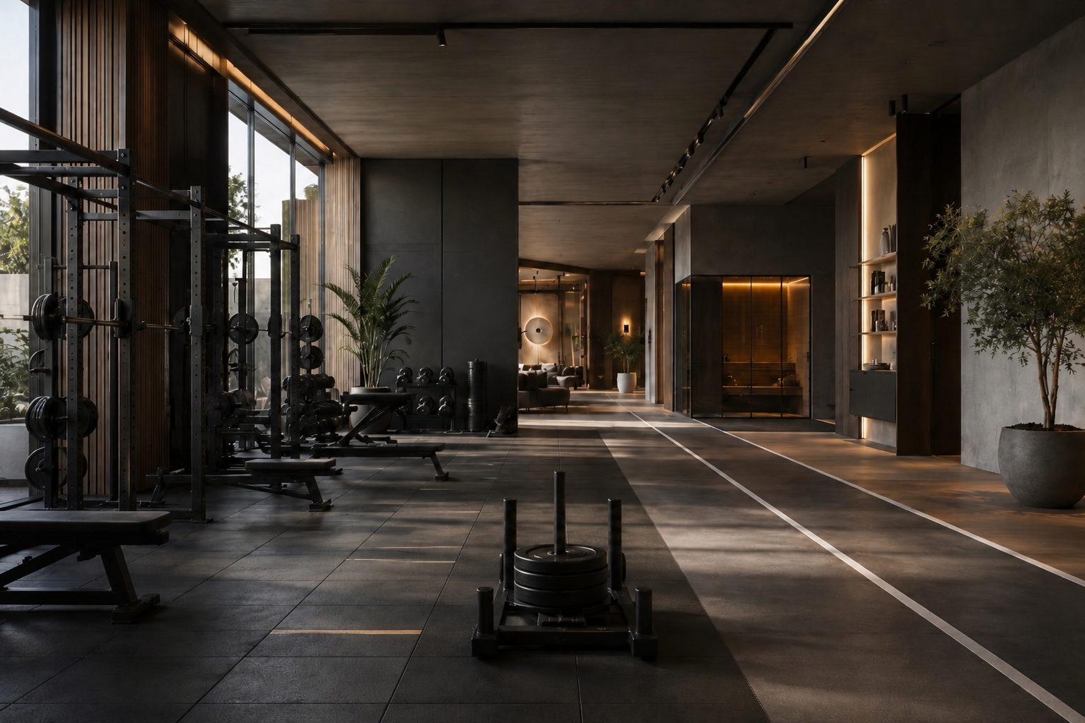 Centro de fitness y wellness premium con equipamiento de alta gama, iluminación cálida y acabados sofisticados