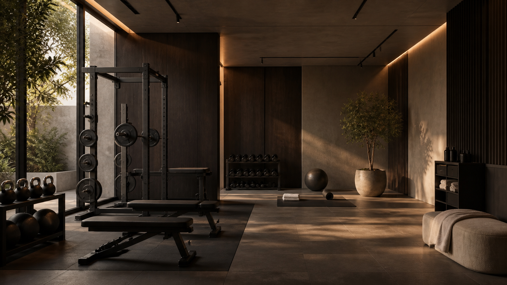 Centro boutique de entrenamiento con madera oscura, vegetación y luz cálida