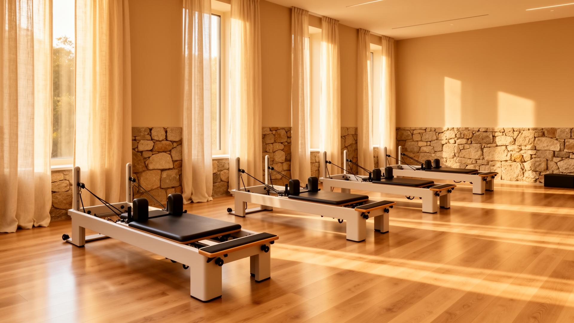 Estudio boutique de Pilates premium con reformers, luz natural cálida y acabados en madera y piedra